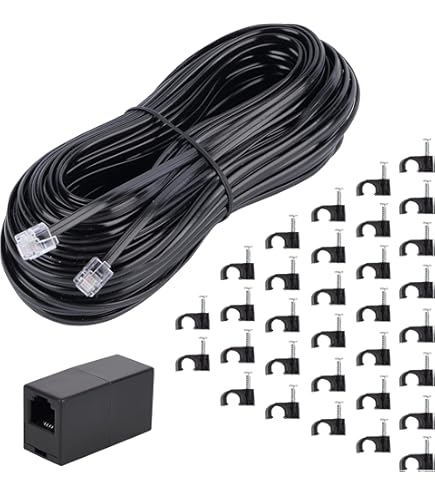 25 FT Black Telephone Extension Cord - RJ-11 Phone Line Cable For Fax, Modem, Answering Machine