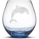 Integrity Bottles Tribal Dolphin Design, Stemless Wine Glass, Handmade, Handblown, Hand Etched Gifts, Sand Carved, 18oz (Bubbly Blue)
