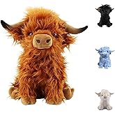FIAEUGZKM Highland Cow Fluffy Stuffed Animal, 10" Adorable Scottish Cow Plush Toy Cute Fuzzy Farm Animal Cattle Plushy Soft Home Decor Birthday Gift for Boys Girls Kids, Brown