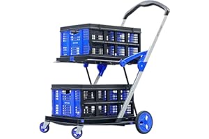 SEYVUM Folding Shopping Cart with 2 Baskets, 2-Tier Dolly Cart with 4 Wheels & Brakes, Adjustable Handle Angle, Max Capacity 200 lbs, for Shopping, Warehouse, Office