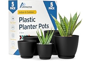 Lifemaster Plant Pots with Multi Drainage Holes - 5 Pieces Versatile, Sturdy Plastic, Stackable Design Home Decor Flower Pots for Indoor and Outdoor Gardening - Black