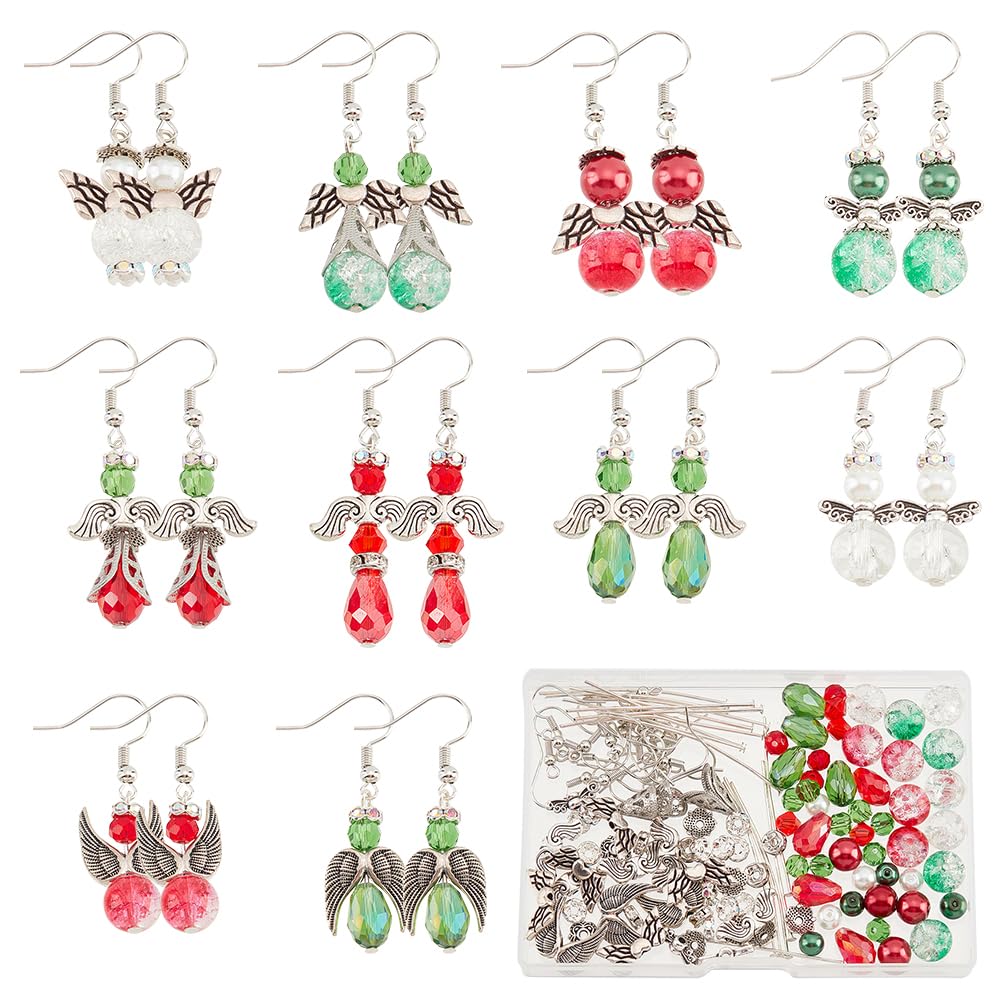 SUNNYCLUE 1 Box DIY 10 Pairs Christmas Earrings Set Beading Guardian Angel Charms Red Green Glass Crystal Beads Angel Wing Bead Crackle Xmas Loose Spacer Beads for Jewellery Making Kits Adult Women