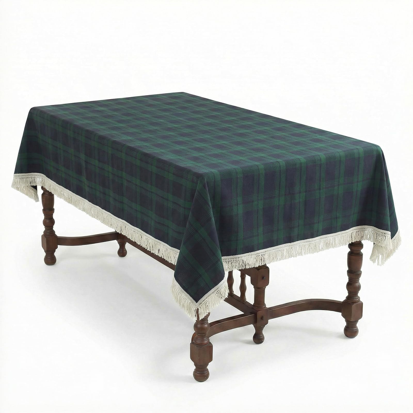 Photo 1 of ZIQINPSQ Dining Room Rectangle Fabric Tablecloth, British Style Plaid Print Tablecloth with Fringe, Christmas & Holiday Table Cover (Blue&Green, 55''X132'')