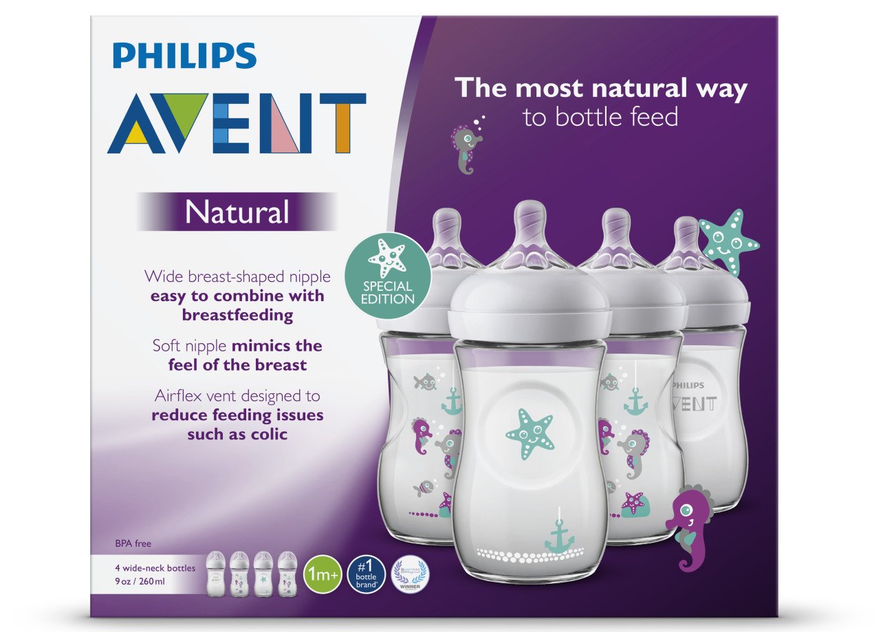 Philips Avent Natural Baby Bottle, Clear with Seahorse design, 9oz, 4pk, SCF659/47 : Baby