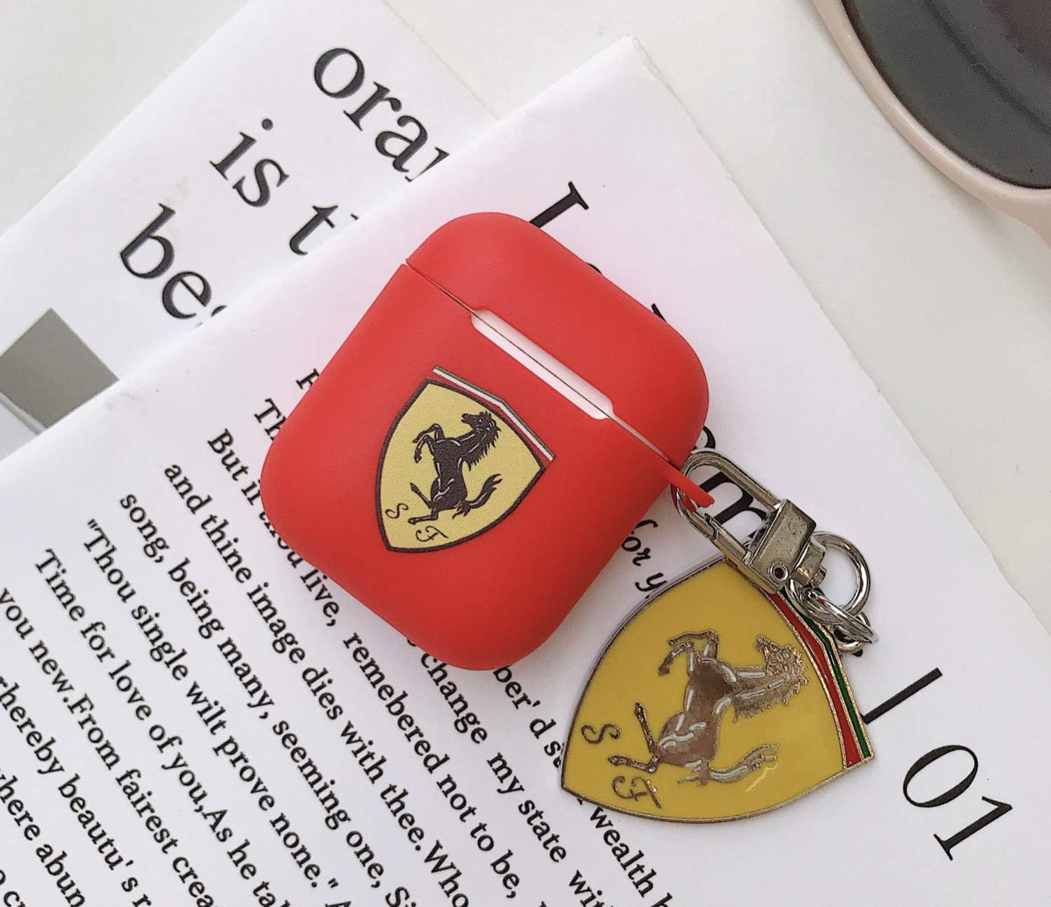 ITECH - Airpods Silicone Protective Soft Case for Airpods 1 & 2 Earphone Accessories with Hook Buckle Keychain with Luxury Car Logo Stylish Design (Ferrari)