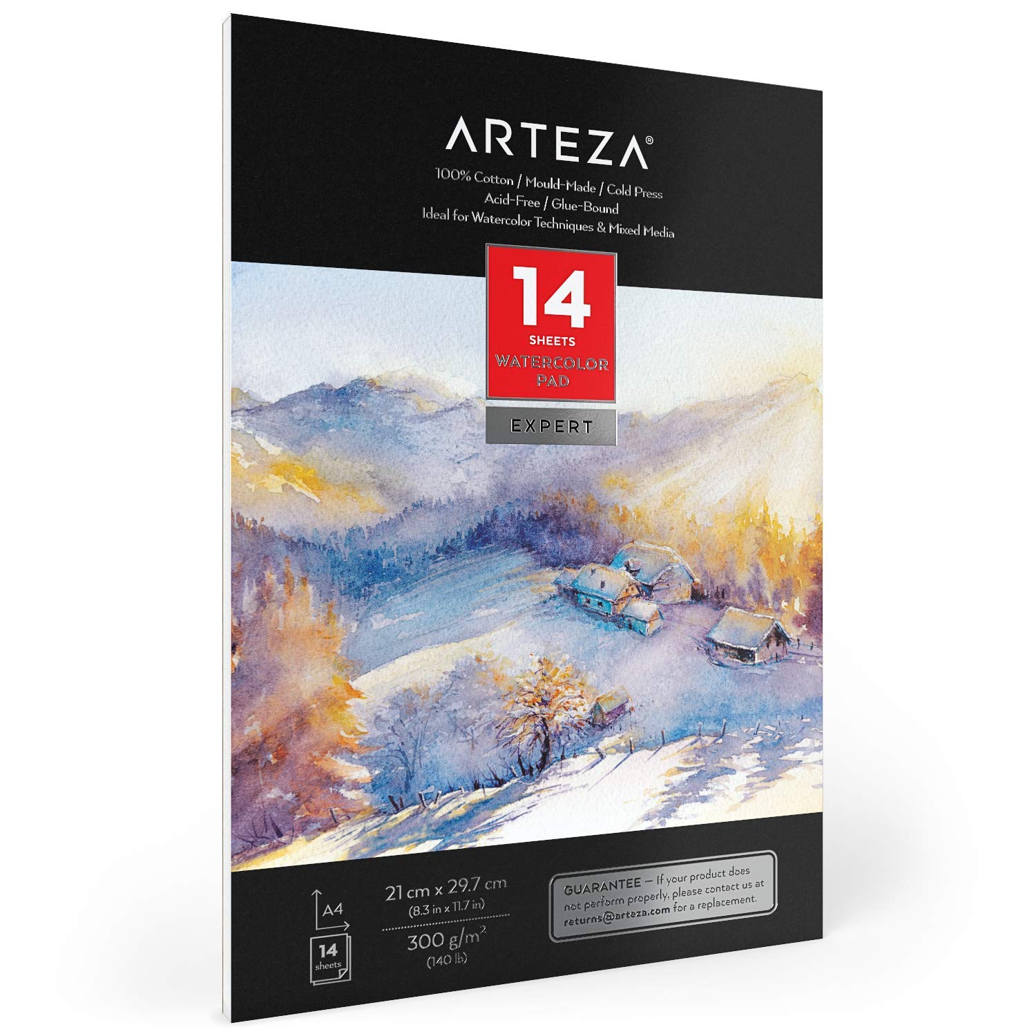 ARTEZA Watercolour Paper Pad A4, 14 Sheets, 300gsm Watercolour Paper, 100% Cotton, Cold-Pressed, Art Supplies for Watercolour Techniques and Mixed Media