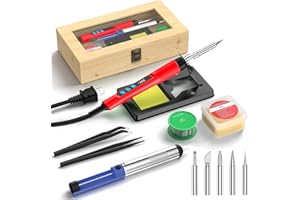 CRTSWEKER Soldering Iron Kit, 190W Soldering Gun, 110V LED Solder Kit for Electronics, Adjustable Temperature 356-932℉, Includes Solder Wire, Sucker, Tips, Stand, Tweezers, Paste and Solid Wood Box, Red