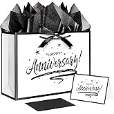 XiaosRen Happy Anniversary Bag with Tissue Papers and Card, White Black Gift Bag with Ribbon for Men Women Anniversary Party Supplies (Star)
