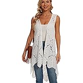 Women's Crochet Floral Boho Lace Trim Sleeveless Kimono Open Front Vest Cardigan