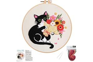 Nuberlic Black Cat Flowers Embroidery Kits for Beginners, DIY Cross Stitch Starter Craft Kits for Adults Including Cloth with Pattern, Hoop, Needles Instruction and Threads