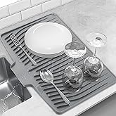 Silicone Dish Drying Mat for Kitchen Counter, Dish Drainer Mat, Non-Slip Drying Pad with Built-in Drain, Kitchen Drying Matt For Counter(18.9" x 11.8", Gray)