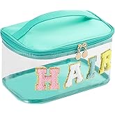 Personalized Chenille Letter Clear Hair Makeup Bag, Large Size Waterproof Nylon Cosmetic Toiletry Storage bag with Top Handle, Transparent Meds Hair Travel Organizer Cosmetic Bag(05Hair-Green)