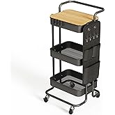 DTK 3 Tier Metal Utility Rolling Cart with Table Top and Side Bags, Tray Storage Organizer Wheels, Art Craft 4 Hooks for Kitc
