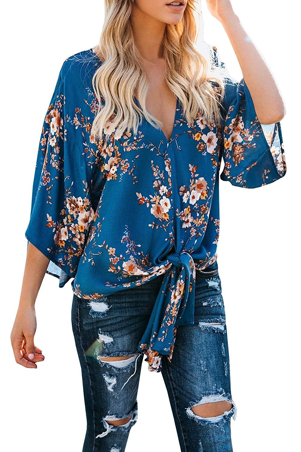 Women\'s Floral Tie Front V-Neck Sexy Chiffon Blouse Flowy Tops Cute Summer Beach Loose Boho Bat Wings Shirts