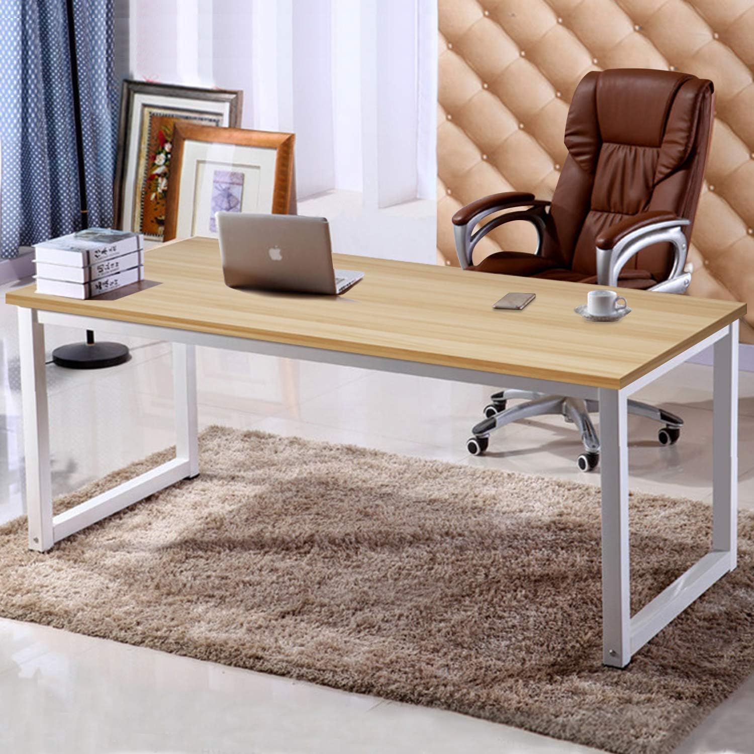 NSdirect 63" X-Large Computer Desk, Has Wide Workstation Tabletop for Writing,Games and Home Work,Modern Office Desk&Dining Table Made of The Finish Wood Board and Sturdy Steel Legs (63" Oak+White)