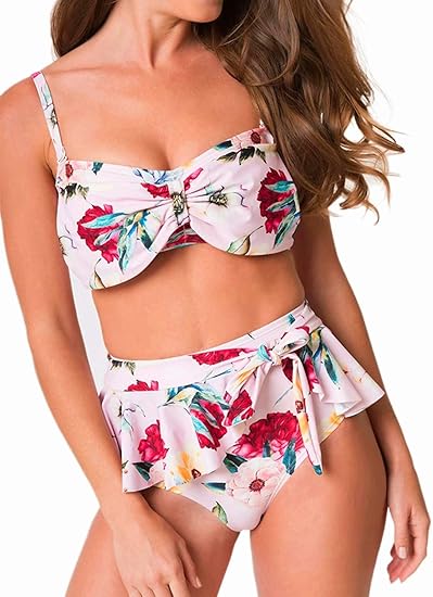 Amazon Blooming Jelly レディース 花柄 ハイウエスト ツーピース ビキニ 水着 ハイライズ タイ フリル 水着 Us サイズ Large カラー マルチカラー ビキニ セパレーツ 通販