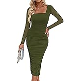 PRETTYGARDEN Spring Wedding Guest Dresses for Women 2026 Fall Ruched Midi Long Sleeve Formal Cocktail Bodycon Dress