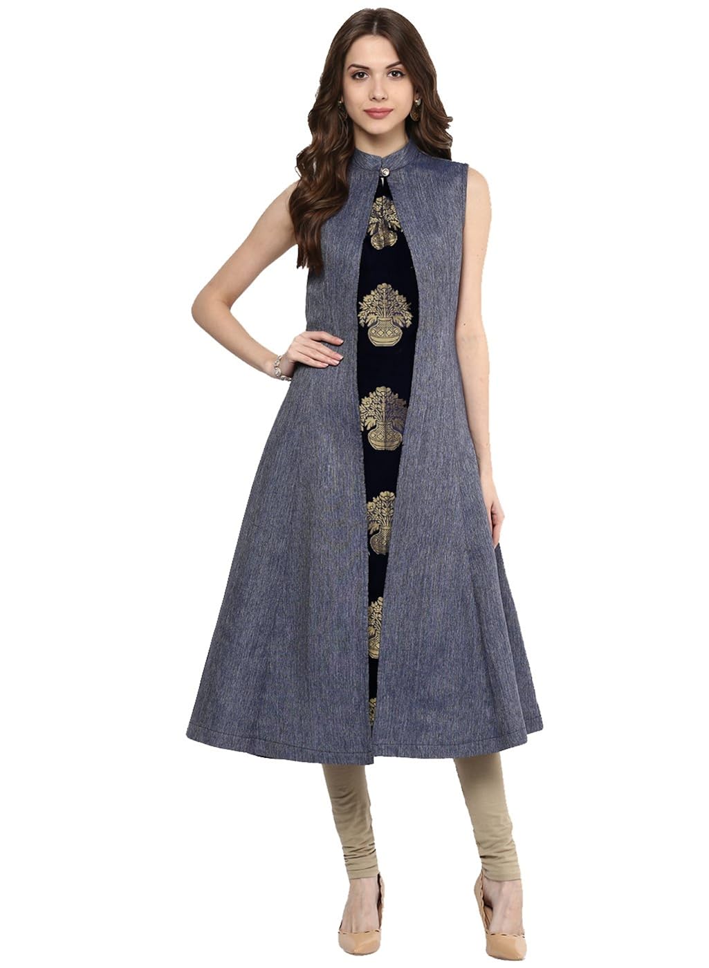 aahwan blue denim a-line long kurta leggings set for women (b001)