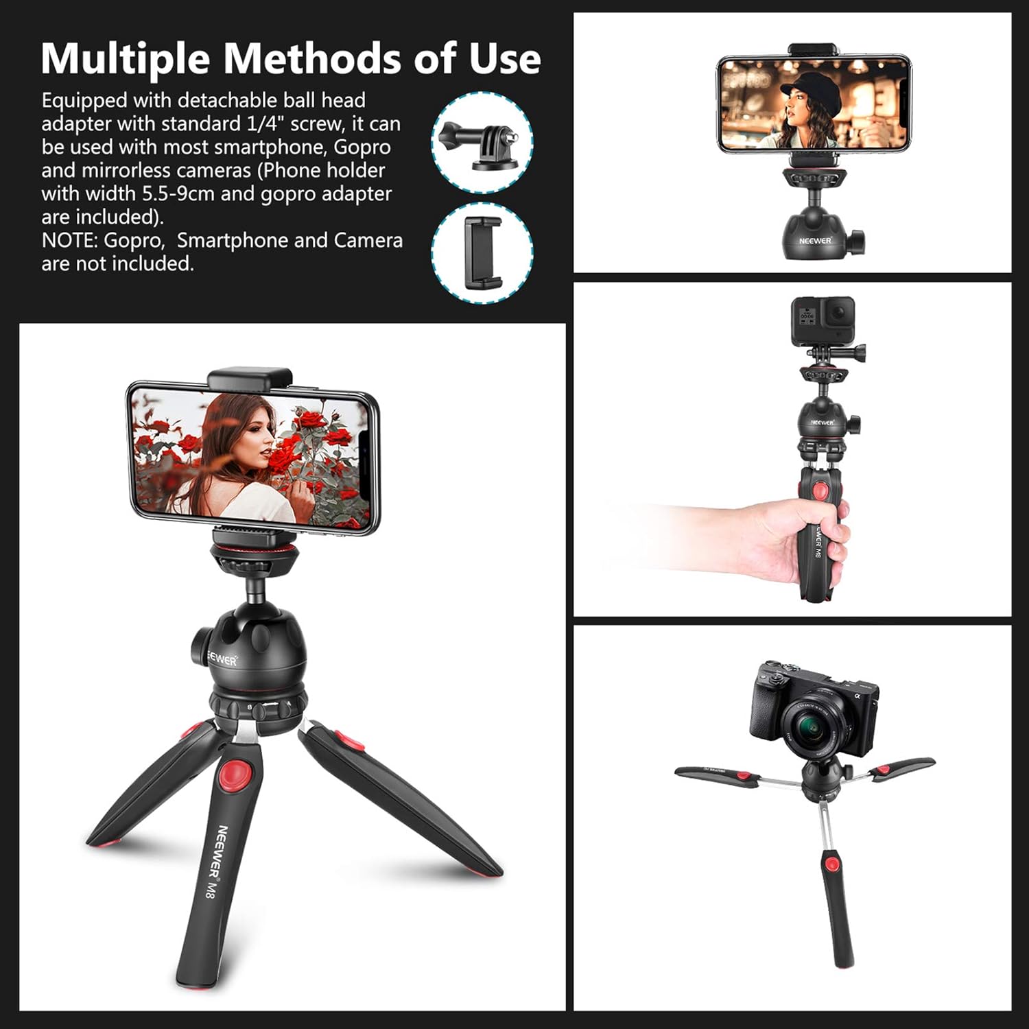 Neewer M8 Portable Tabletop Mini Tripod Mount with 360 Degree Rotatable Ball-Head, Adapter and Phone Clip Compatible with iPhone/Android Samsung Huawei/DSLR Camera/Webcam/Projector/GoPro Action Camera : Camera & Photo