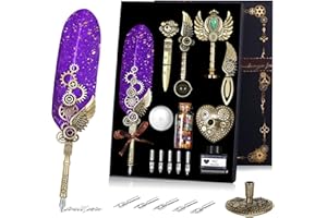 NC Quill Pen and Ink Set, Feather Calligraphy Pen Set, Wax Seal Stamp Set - Valentine's Day & (Purple)