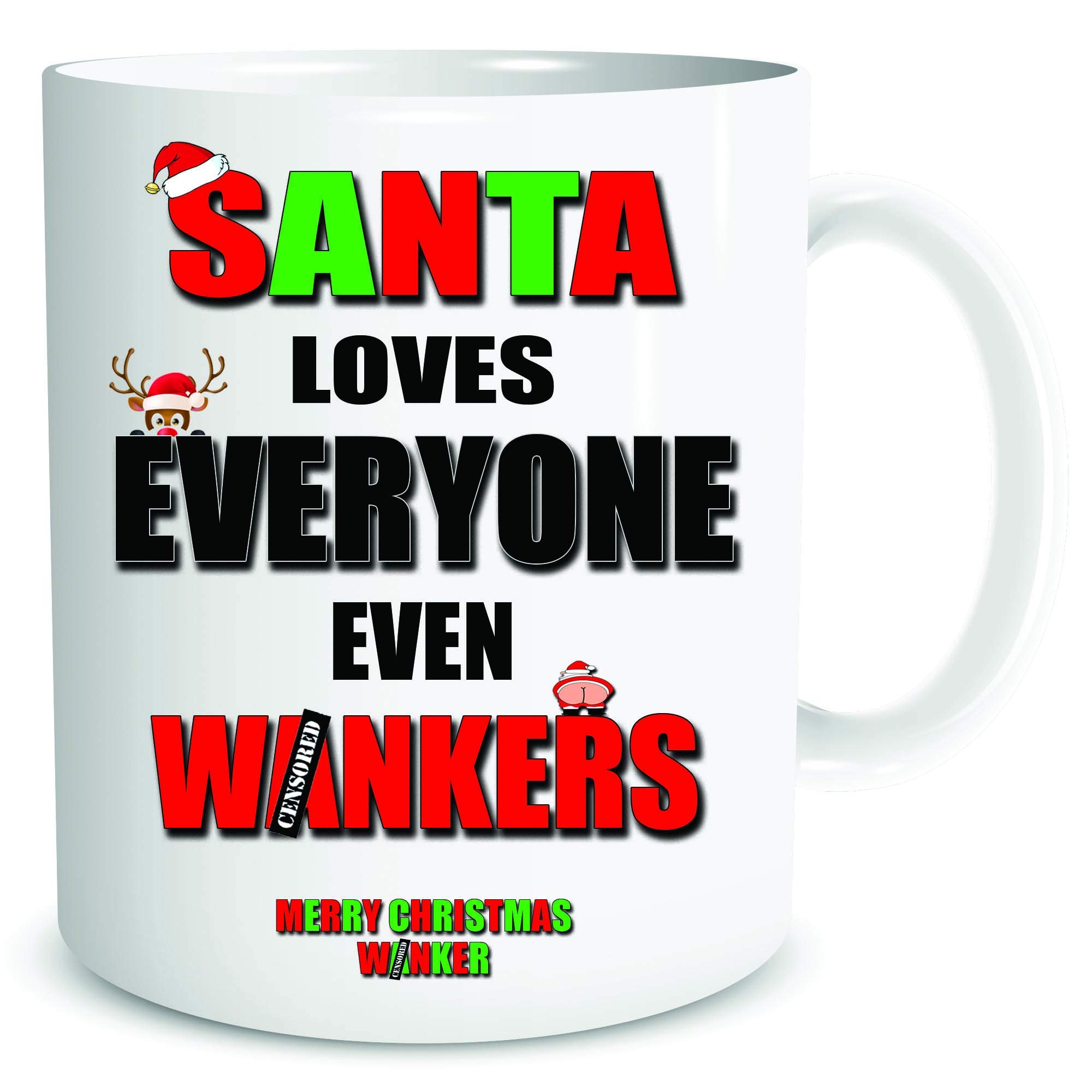 Funny Rude Profanity Secret Santa Gift Ideas Christmas Mug Santa Loves Everyone Except W*nkers Merry Christmas Office Work Banter Colleague Gift Present Joke Fun Humour WSDMUG1745