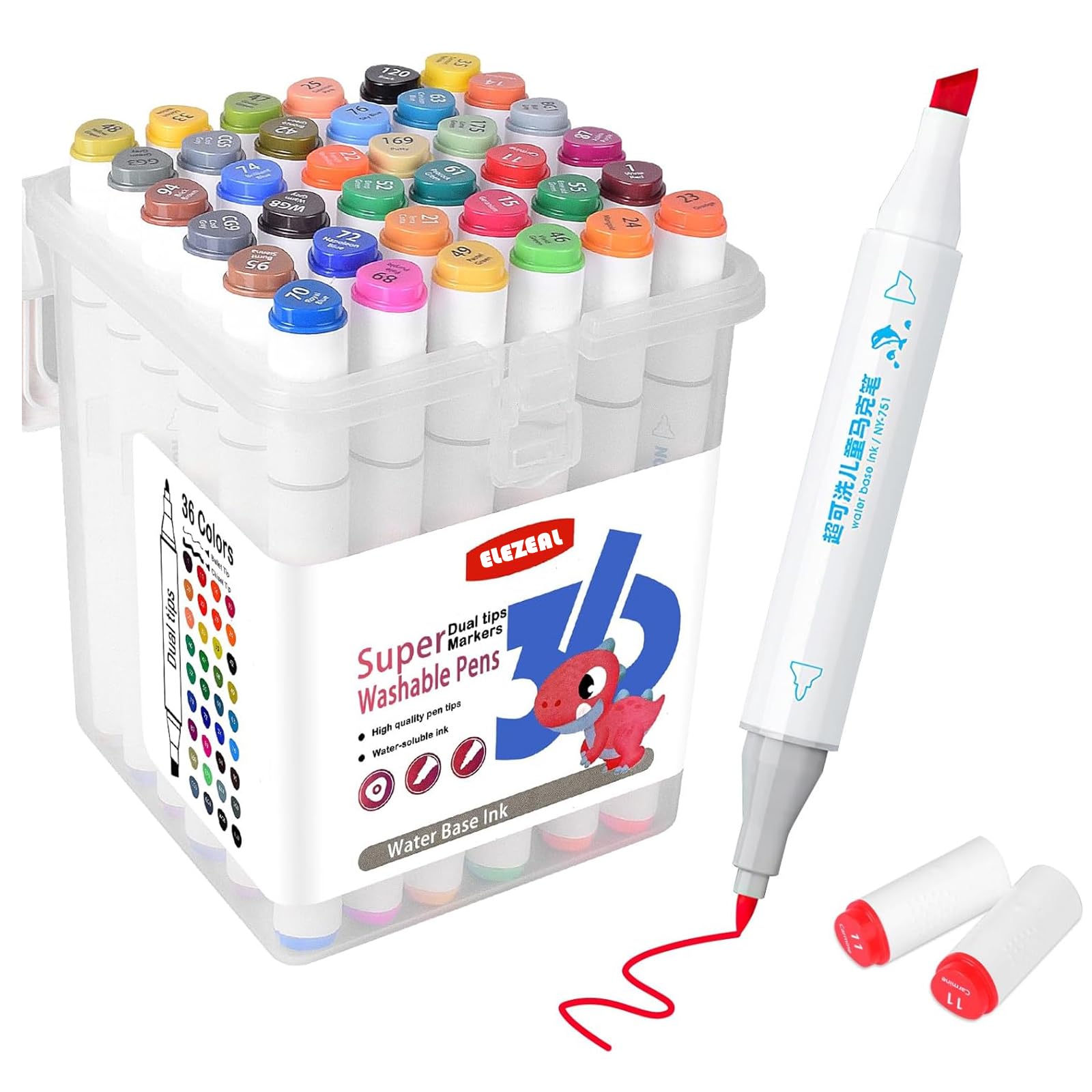 Elezeal 36 Assorted Colours Dual Tip Super Washable Colouring Pens Kit Premium Felt Tip Pens That Can Easily Wash Off Skin & Clothing Ideal for Drawing — image 1