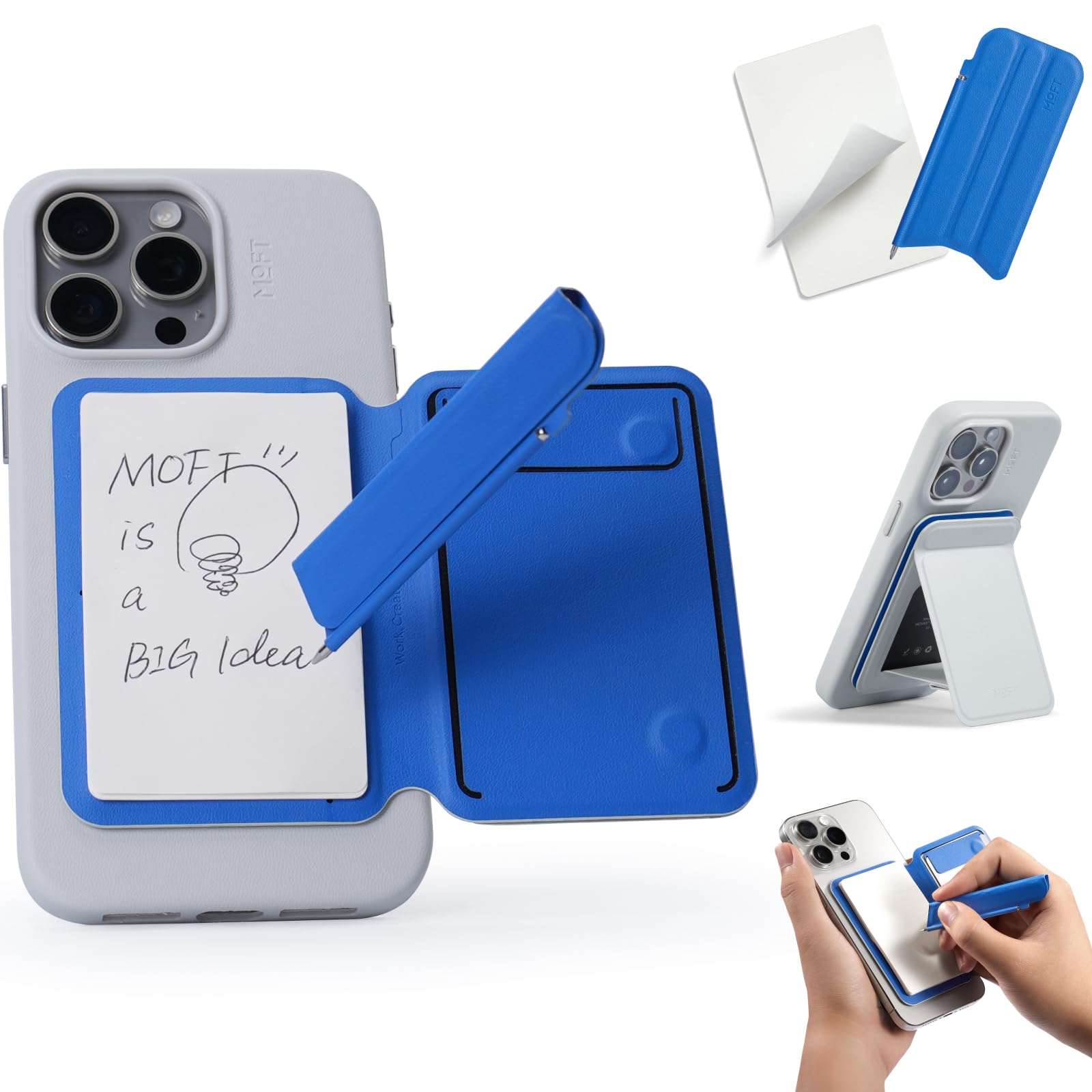 MOFT Snap Flow Phone Stand, Action Inspiration Magnetic Notepad Stand Compatible with Magsafe, Includes Two Types of Notepad and Magnetic Invisible Pen, Misty Cove + Sapphire