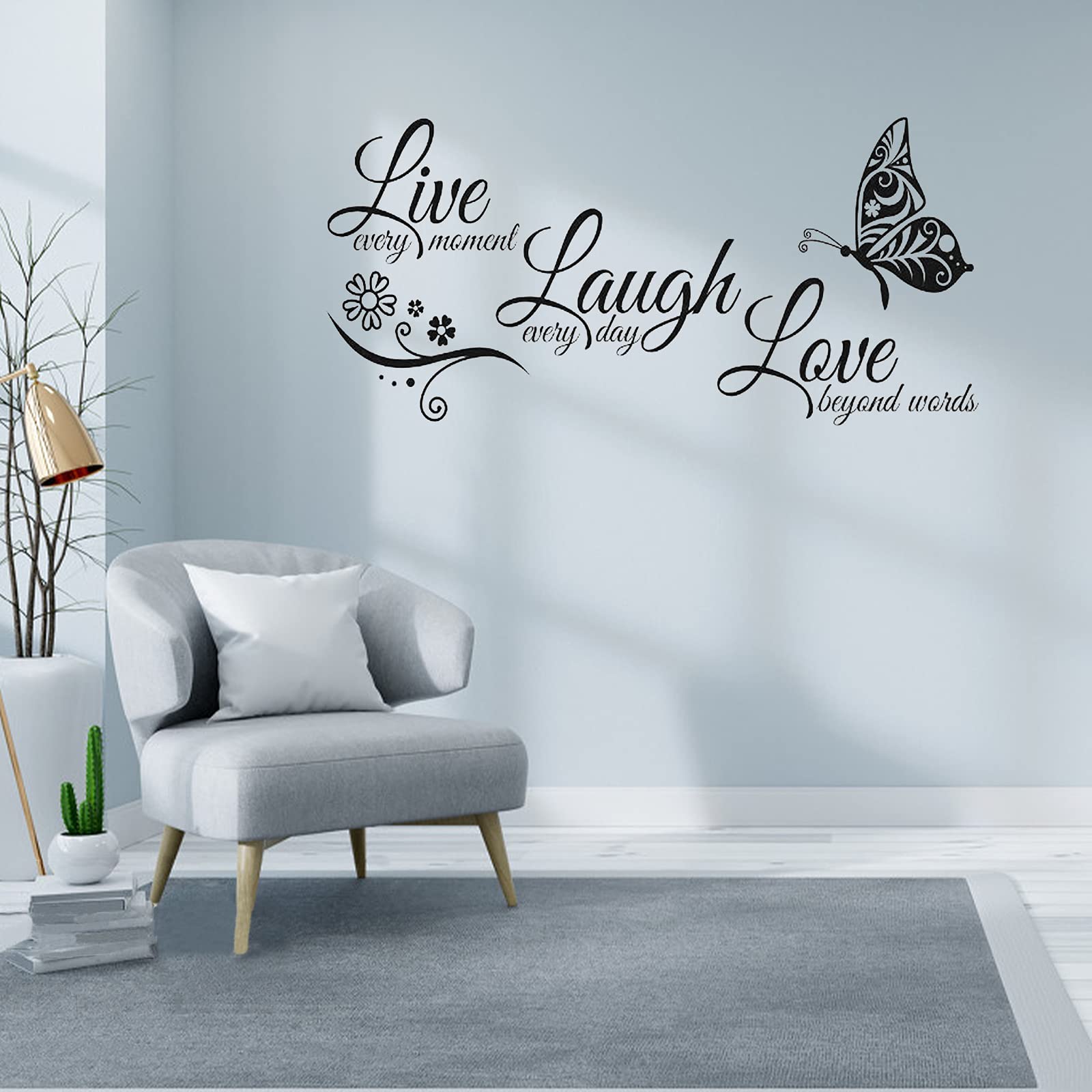 Live Laugh Love Art Quotes Wall Decals, Motivational Live Laugh Love Wall Stickers, Vinyl Sayings Words Butterfly Wall Decor, Removable DIY Wall Sign Mural for Bedroom, Living Room, Home Decoration
