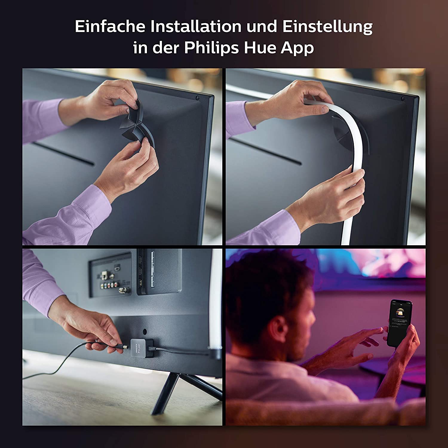 Philips Hue White & Color Ambiance Gradient Lightstrip (55 Zoll), dimmbarer LED Streifen für den Fernseher mit 16 Mio. Farben und Farbverläufen, smarte Heimkino TV Hintergrundbeleuchtung, schwarz 8