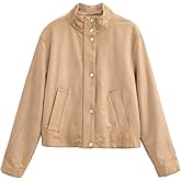 Xunger Women's Casual Faux Suede Jacket High Neck Utility Button Front Coat Streetwear Outerwear with Pockets