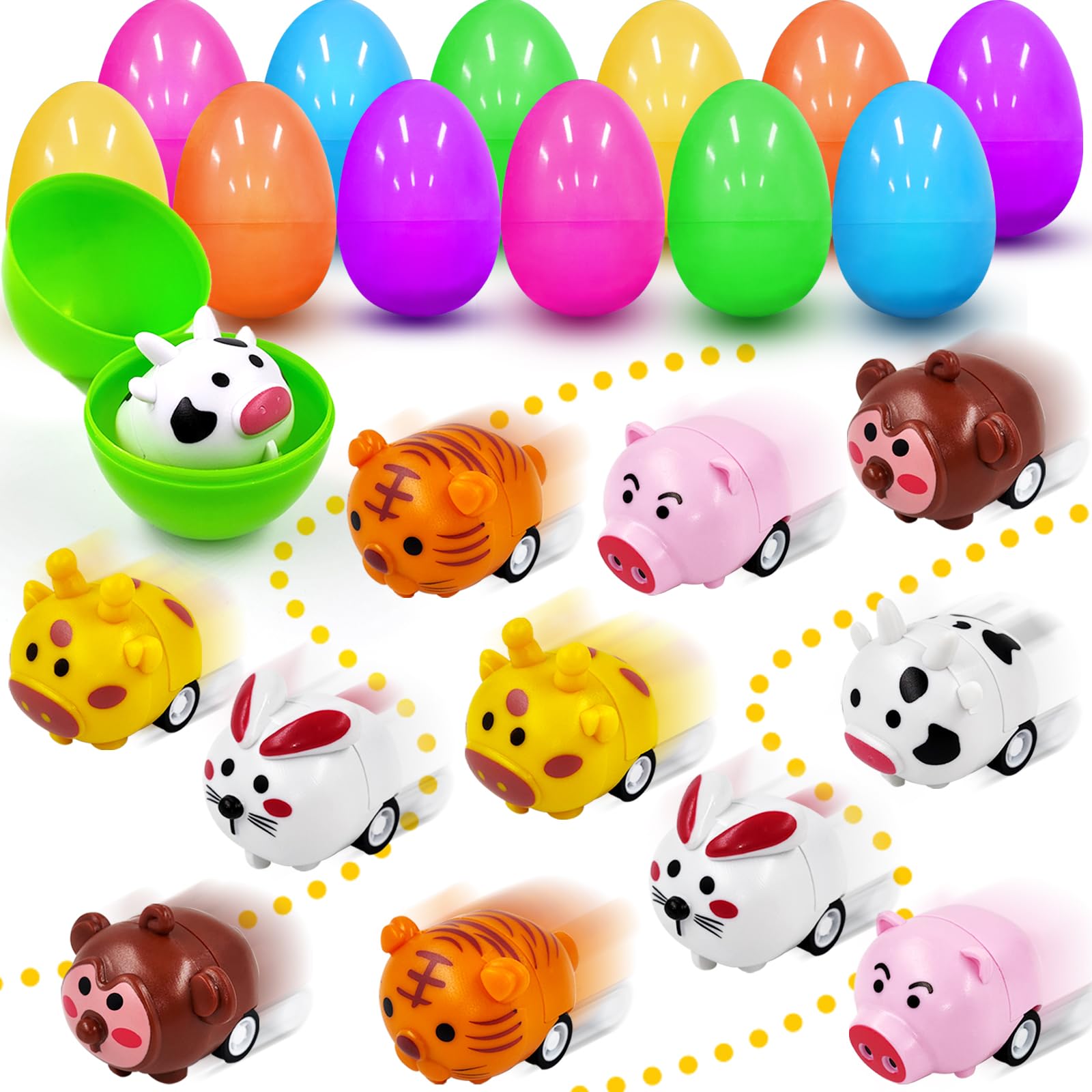 TYKURLA 12 PCS Easter Eggs Filled with Animal Pull Back Car Toys, Easter Basket Stuffers for Kids Toddlers Boys Girls, Easter Eggs Fillers Stuffers for Easter Hunt, Animal Vehicle for Party Favor