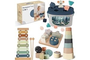 5 in 1 Montessori Baby Toys Set for 1+Year, Montessori Sensory Toys Blue Stacking, Sorting and Musical Play for Babies 1 2 3 