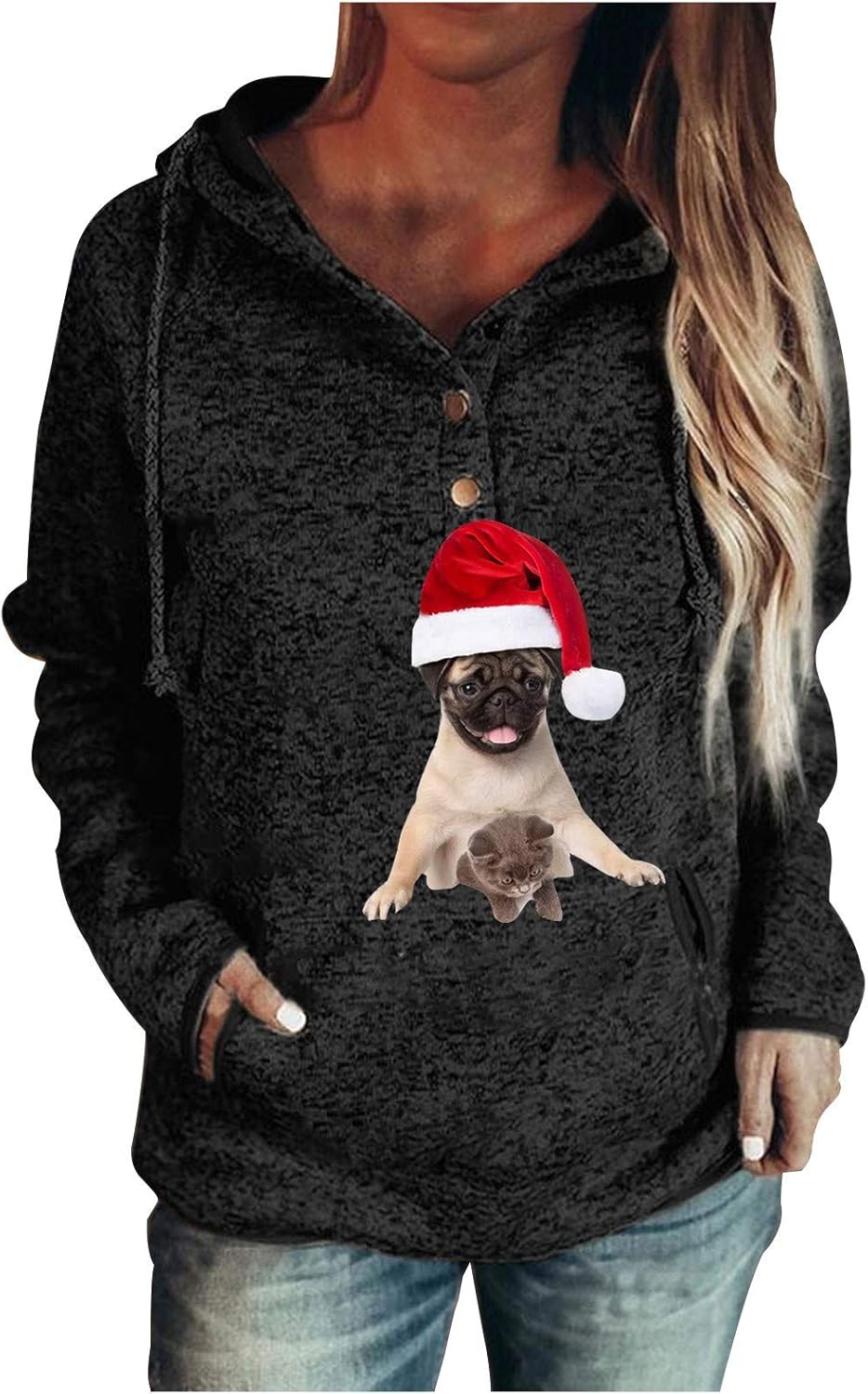 drawstring half button hooded sweater