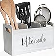 Dyikiti Wooden Utensil Holder - 3-Compartment Countertop Caddy With Handle, Farmhouse Style (White)
