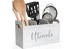 Elevated Haven White Kitchen Utensil Holder |3 Compartments 12in x 5in x 7in | Wooden Utensil Holder | Utensil Holder for Countertop | Kitchen Storage|Kitchen Countertop Organizer|Kitchen Organization