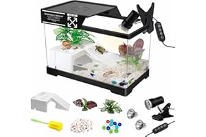 GOZILLA Mini Turtle Tank Kit with Adjustable Lamp, Upgrade PC Hermit Crab Tank,Small Turtle/Hermit Crab Starter Kit with Lid, Hideout Platform for Baby Turtles, Crabs, Fish.(11.8×7.24×7.1''/Black Kit)