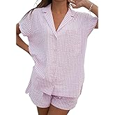 codcm Womens Striped Pajama Set Cute Heart Pjs Sleepwear Short Sleeve Shirt and Shorts Set