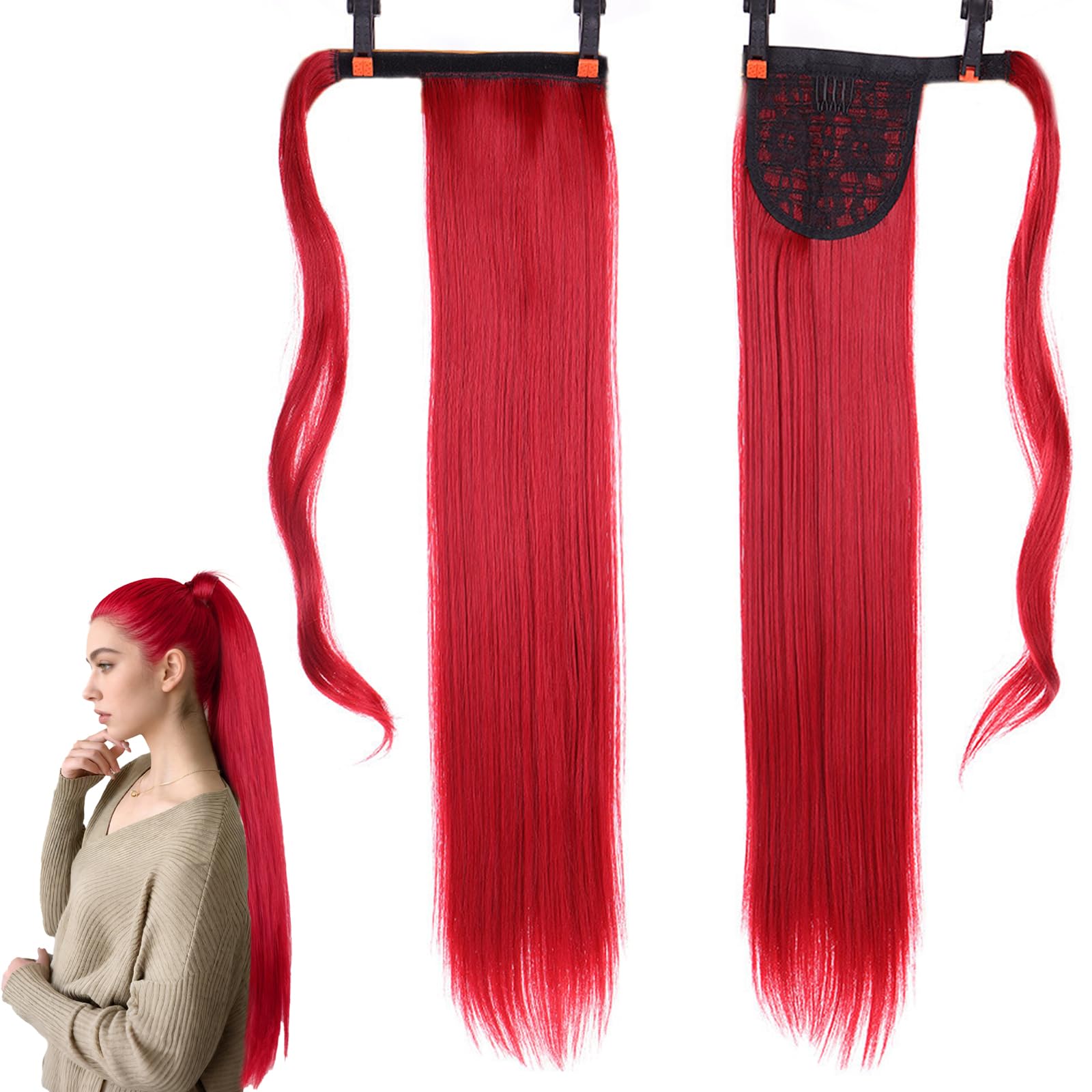 Traziewell Red Hair Extensions Long Straight Ponytail Extension with Magic Paste Wrap Around Pony Tails Synthetic Hairpieces for Women, 0608