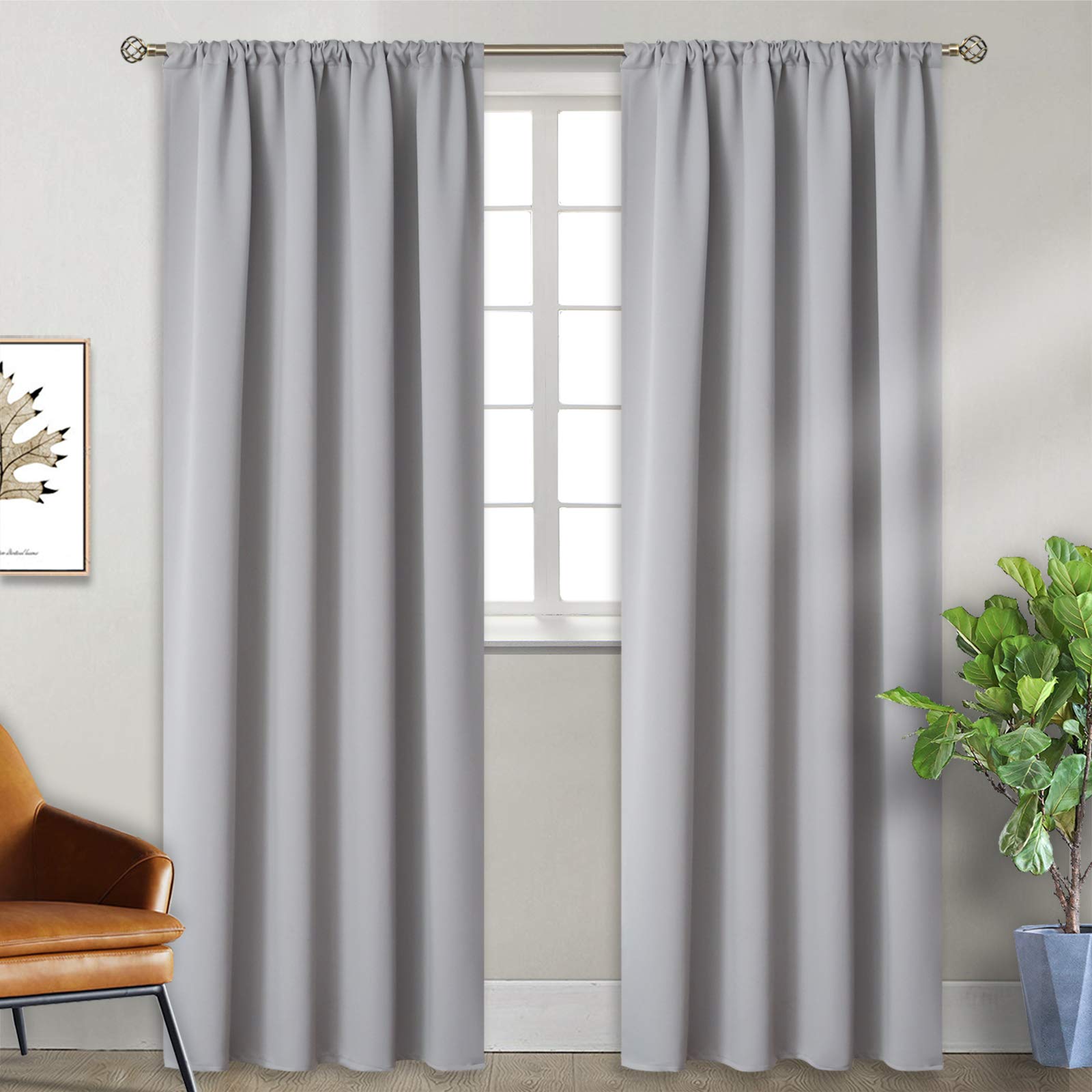 BGment Rod Pocket Blackout Curtains for Bedroom - Thermal Insulated Room Darkening Drapes for Living Room Dining Room Privacy Blinds, 52 x 84 Inch, 2 Panels, Light Grey Image