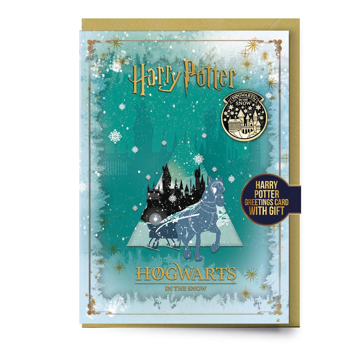 Harry Potter Hogwarts In The Snow Christmas Greetings Card with Hogwarts In the Snow Pin Badge