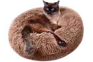 Geizire 24 inch Cat Bed Dog Bed for Cats, Small/Medium Dogs, Washable Donut Calming Round,Soft Fluffy Warm and Cozy Anti Anxiety Cuddler, Joint-Relief Pet Bed (Small, Khaki)