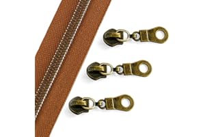 Sawoake 10 Yards Bulk Zipper, (#5) Zippers for Sewing, Brown Nylon Coil Zipper with Antique Brass Teeth, Replacement Sewing Zipper with 20PCS Zipper Sliders for DIY Sewing(#5 Antique Brass Brown)