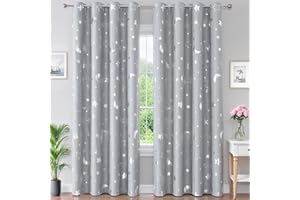 WUBODTI Boys Curtains Grey 100% Blackout Star Curtains for Living Room, Silver Patterned Thermal Insulated Room Darkening Window Drapes for Kids Room Nursery Boys Bedroom(W52 x L84, 2 Panels)