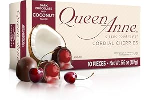 Queen Anne Dark Chocolate Coconut Covered Cordial Cherries | 6.6 oz | 10 Piece Gift Box | Whole Maraschino Cherry Creamy Filled Liquid Center | Holiday Party Chocolate Candy
