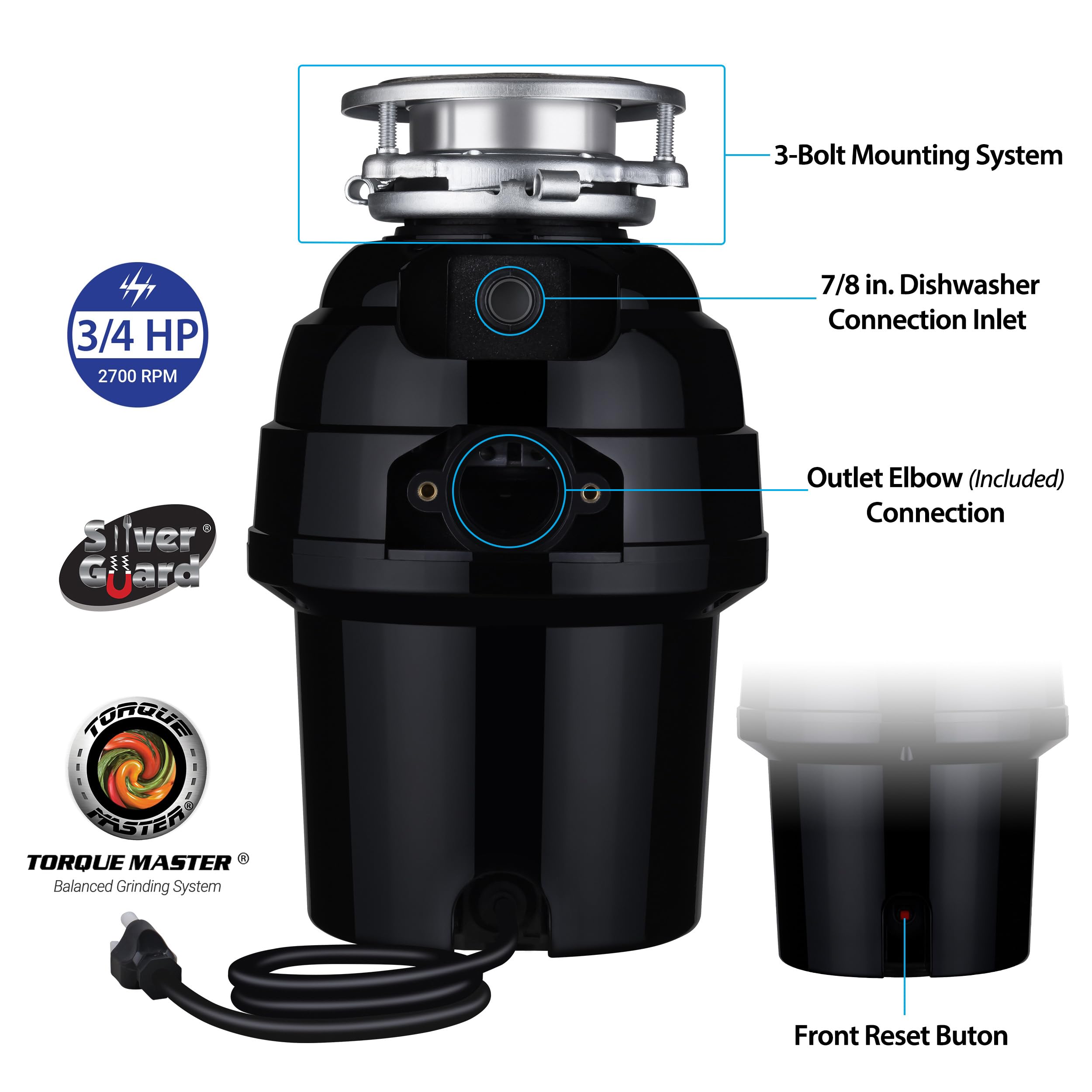 Eco Logic EL-9-DS-PC 9 Deluxe Designer Series Food Waste Disposer (3-Bolt) with Polished Chrome Sink Flange, 3/4 HP