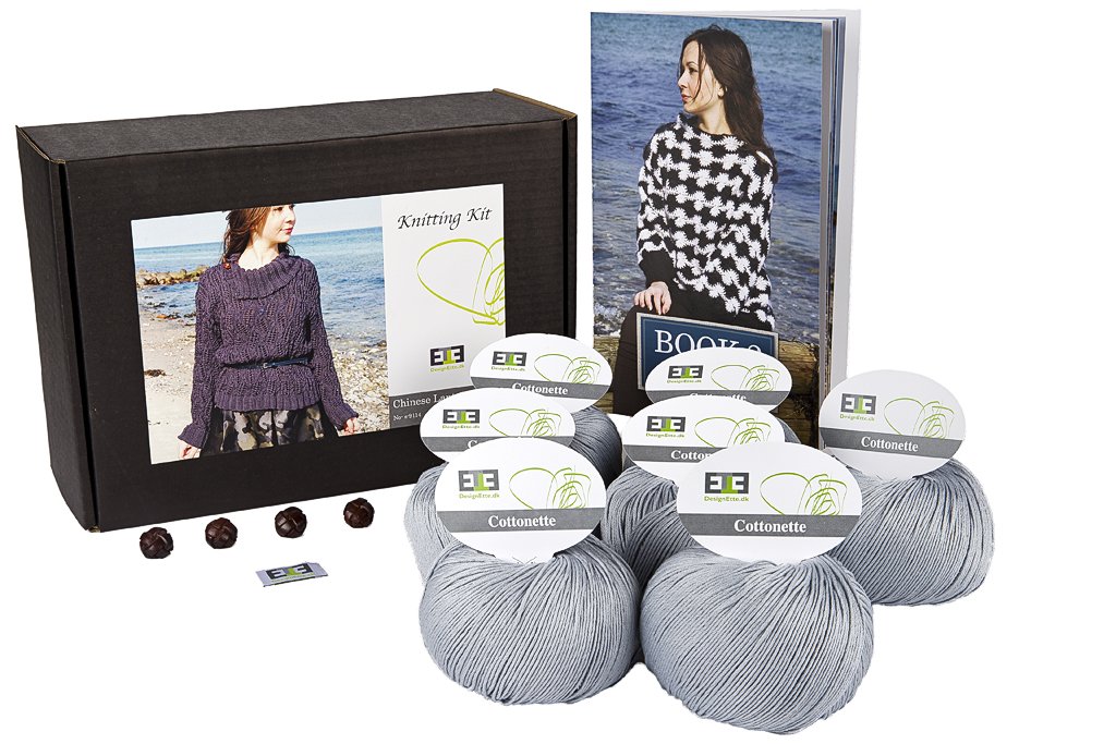 DesignEtte Jumper Chinese Lanterns Knitting Kit 100 Percent Egyptian Cotton Wool Yarn Bowls and Pattern Starter Pack Box 100g≈205m/5ply, Light Grey 790, Medium