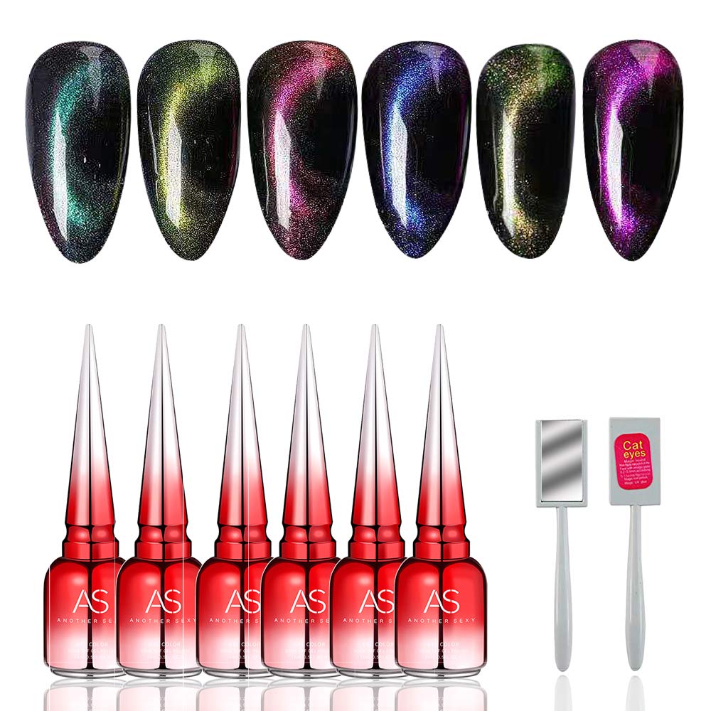Cat Eye Nail Polish Set, 3D Magnetic Glitter Star Soak Off Glue 15ml 6 Colors