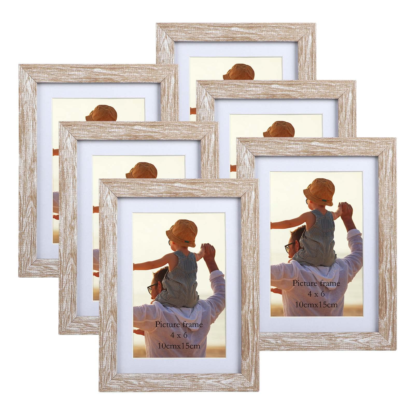 EXYGLO Set of 6 Rustic Picture Frames 10 x 15 cm with Natural Wood Grain for 15 x 10 Photos with Mounts or 13 x 18 cm without Mounts, Wall or Table Stand