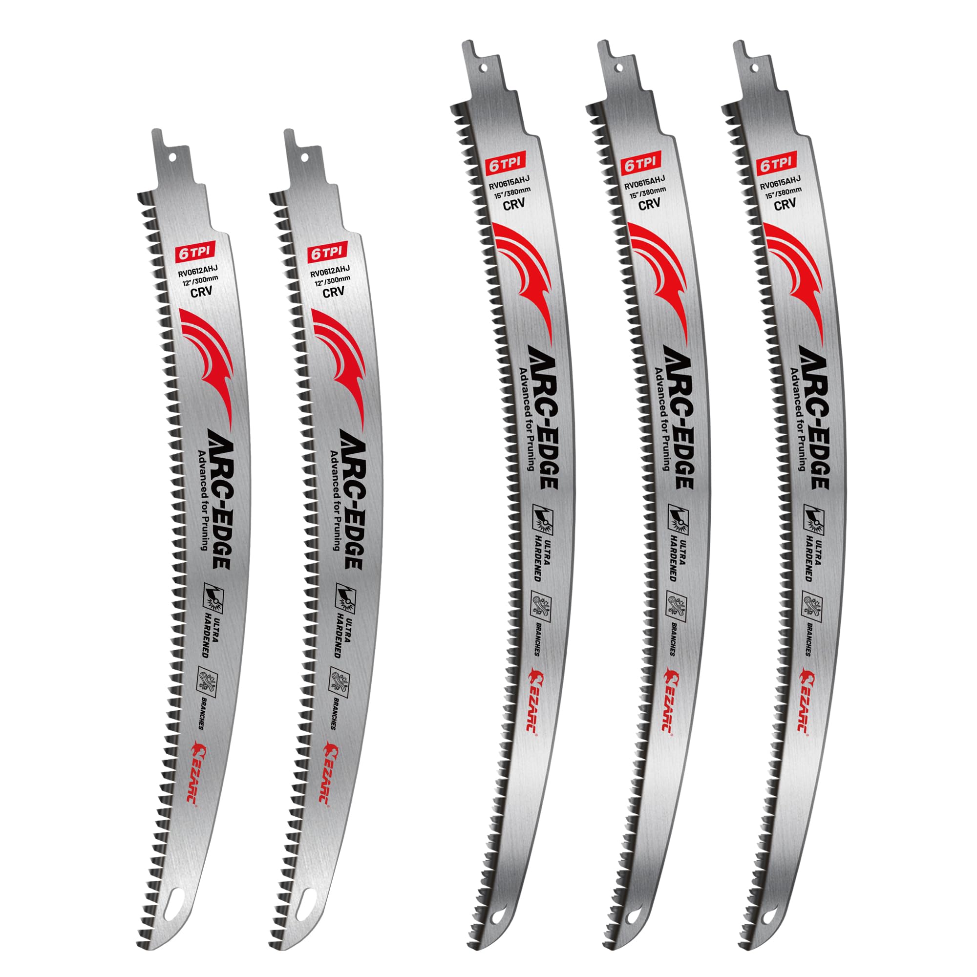 EZARC 5 Pieces Japanese Teeth Reciprocating Saw Blade Set, Arc Edge Wood Pruning Saw Blades 6TPI for Tree Trimming, Wood Cutting, 300 mm & 380 mm