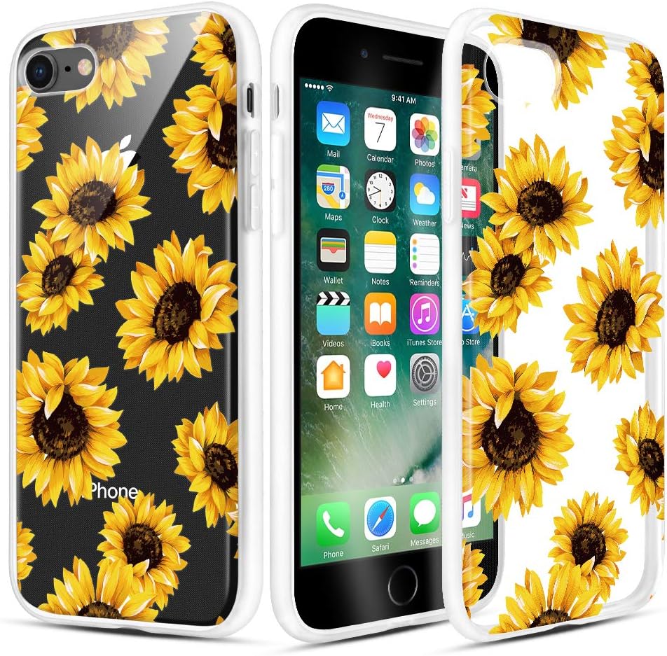 Caka iPhone SE 2020 Case Clear with Design, iPhone 8 Case Girls, iPhone 7 Case Sunflower Floral Clear Flower Pattern Girly Women Slim Fit Soft TPU Protective Case for iPhone 7 8 4.7 inch (Sunflower)